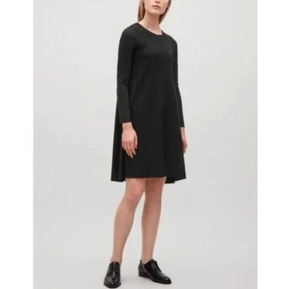 COS Black Wool and Jersey Swing Mini Dress Size Small Trapeze Long Sleeve - Picture 2 of 9